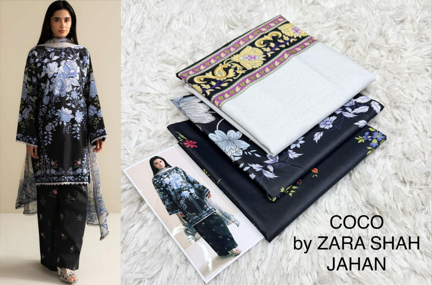 COCO BY ZARA SHAHJAHAN 💯% FINE LAWN FABRIC 3 PIECE