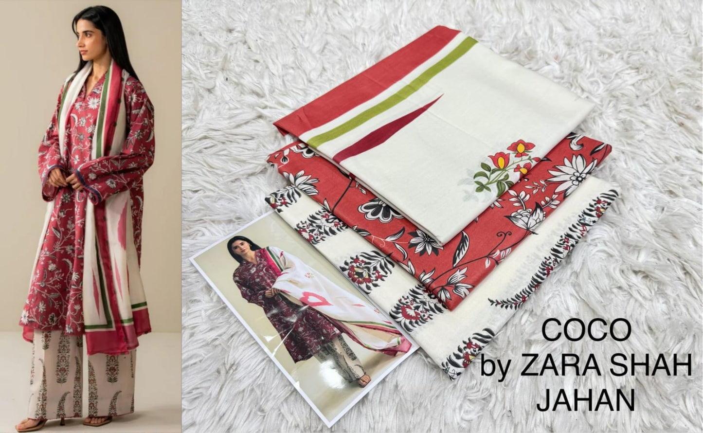 COCO BY ZARA SHAHJAHAN 💯% FINE LAWN FABRIC 3 PIECE